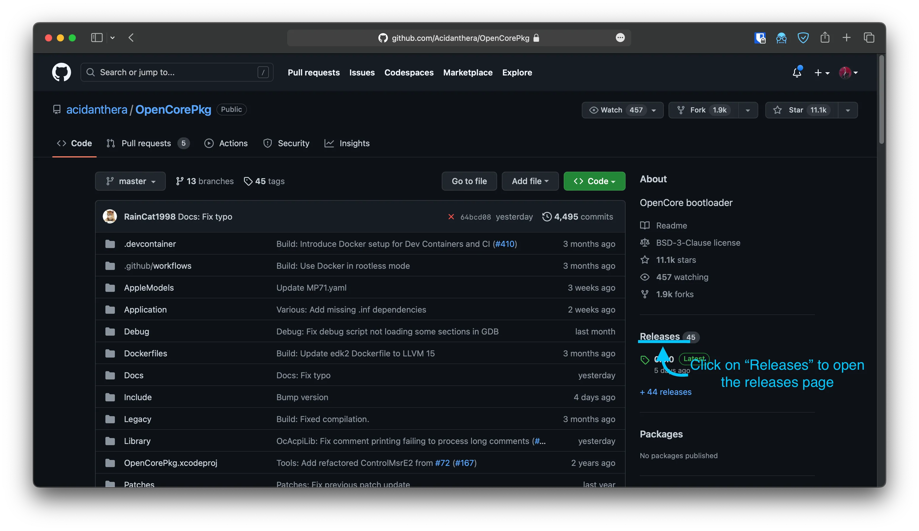 OpenCorePkg repository homepage with release section highlighted